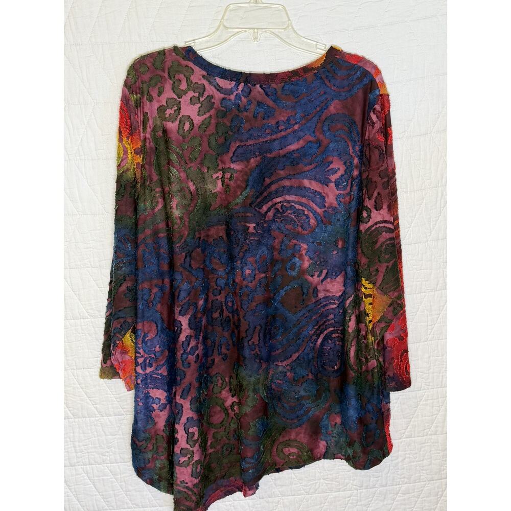 Calessa Tunic Top 2X Burnout Knit Asymmetric velvet accents Artsy 3/4 Sleeve - Picture 5 of 6